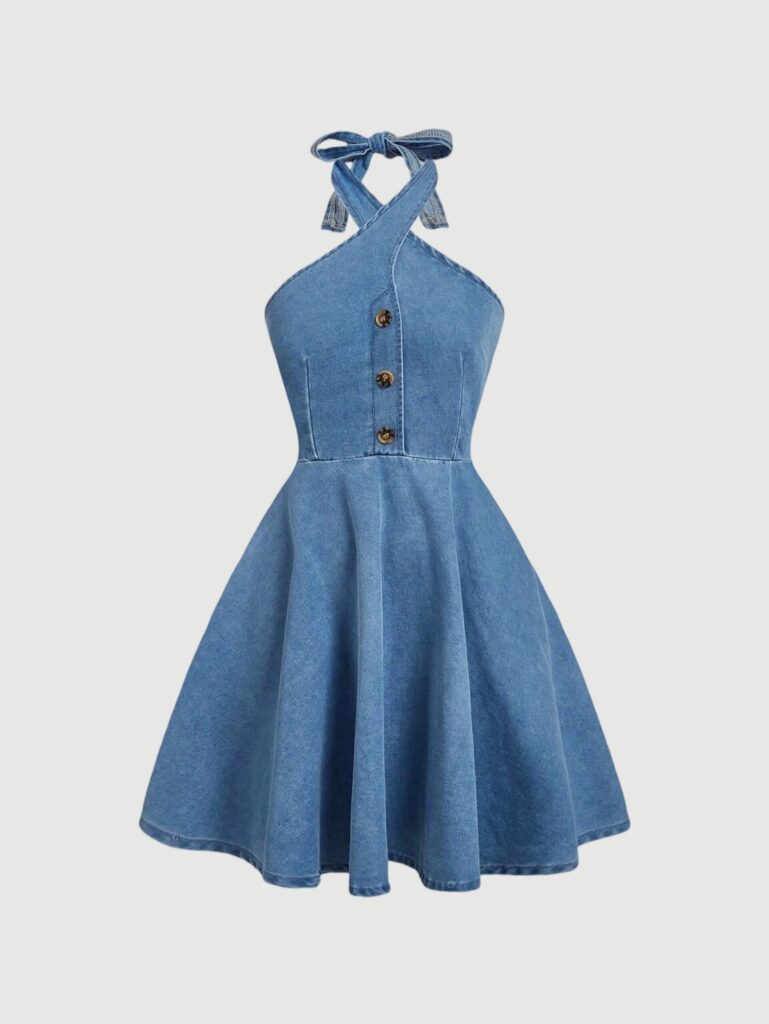 Women Blue Casual Denim Halter Bow tie halter neck Mini Backless Dress