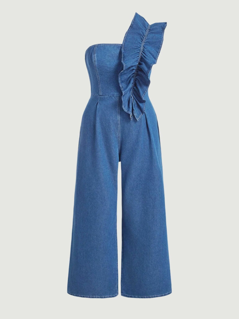 Women Denim Tube Top Jumpsuit With Sweet Ruffle Details One Shoulder Design