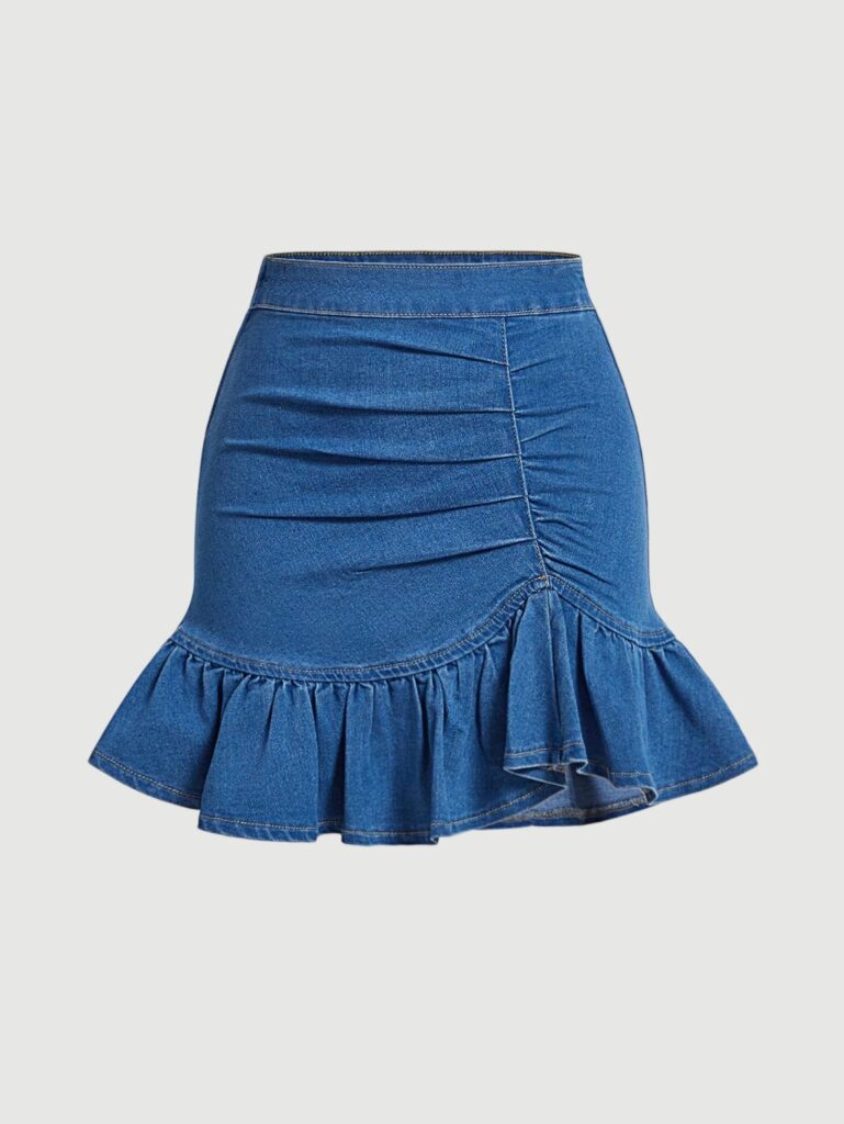 Women Plain Casual Ruffle Hem Bodycon A Line Mini Denim Skirt