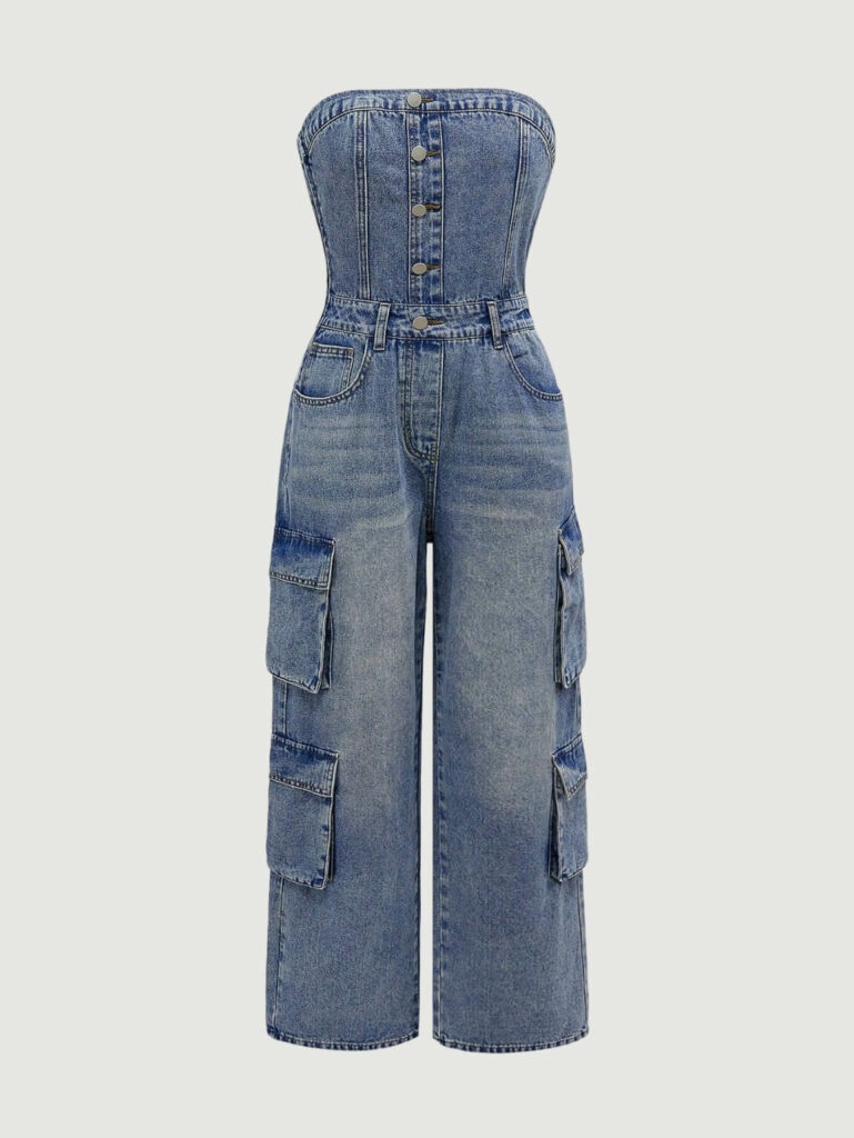 Women's Bandeau Denim Jumpsuit Sleeveless Denim Overalls and Cargo Pants