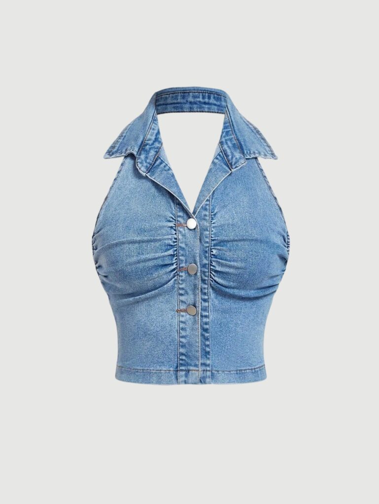 Women's Button Front Halter Neck Denim Shirt Backless Denim Vest
