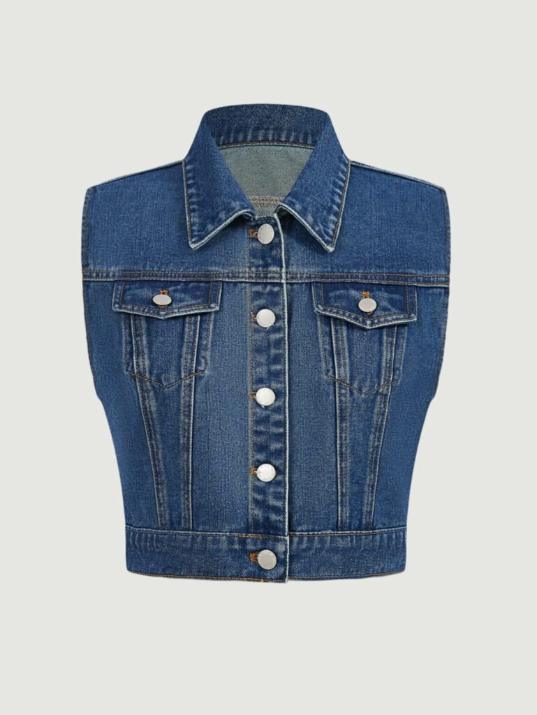 Women’s Casual Washed Sleeveless Button Up Cropped Denim Vest Jacket