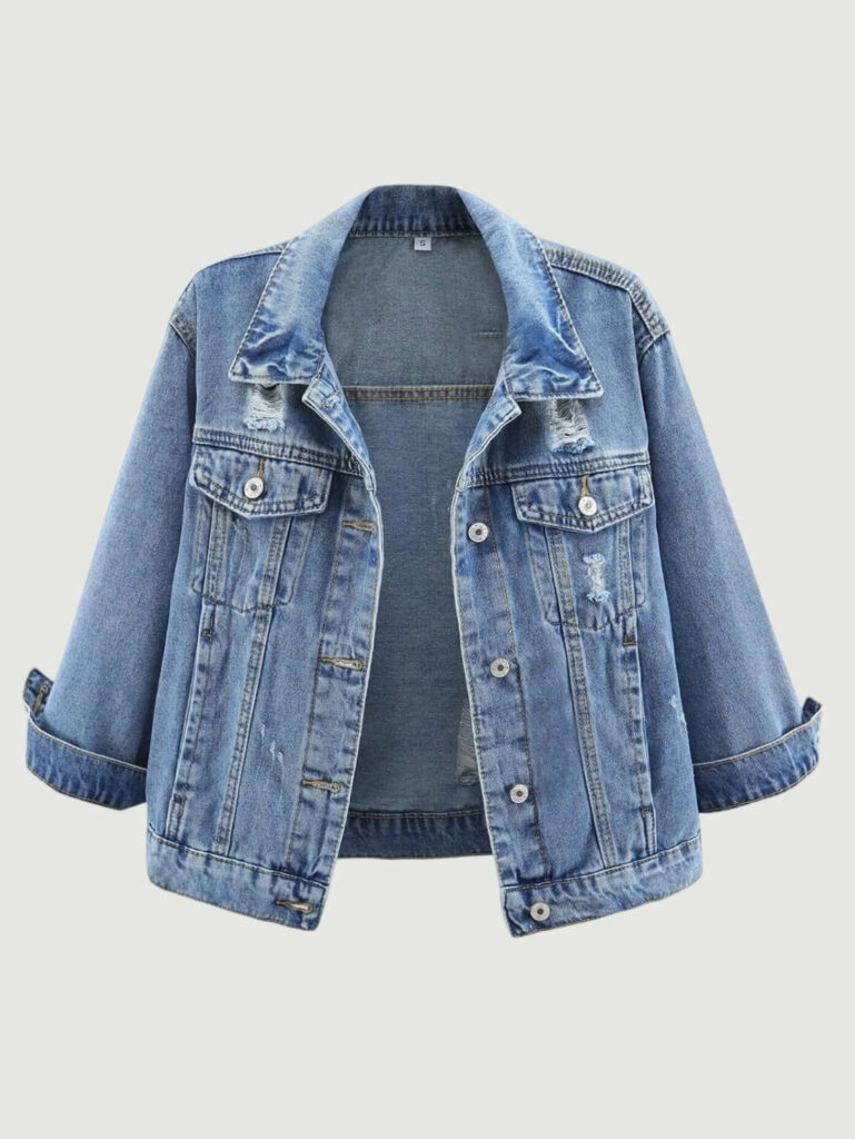 Women's Cropped Denim Jackets Distressed Ripped 3/4 Sleeve Jean Jacket Coats