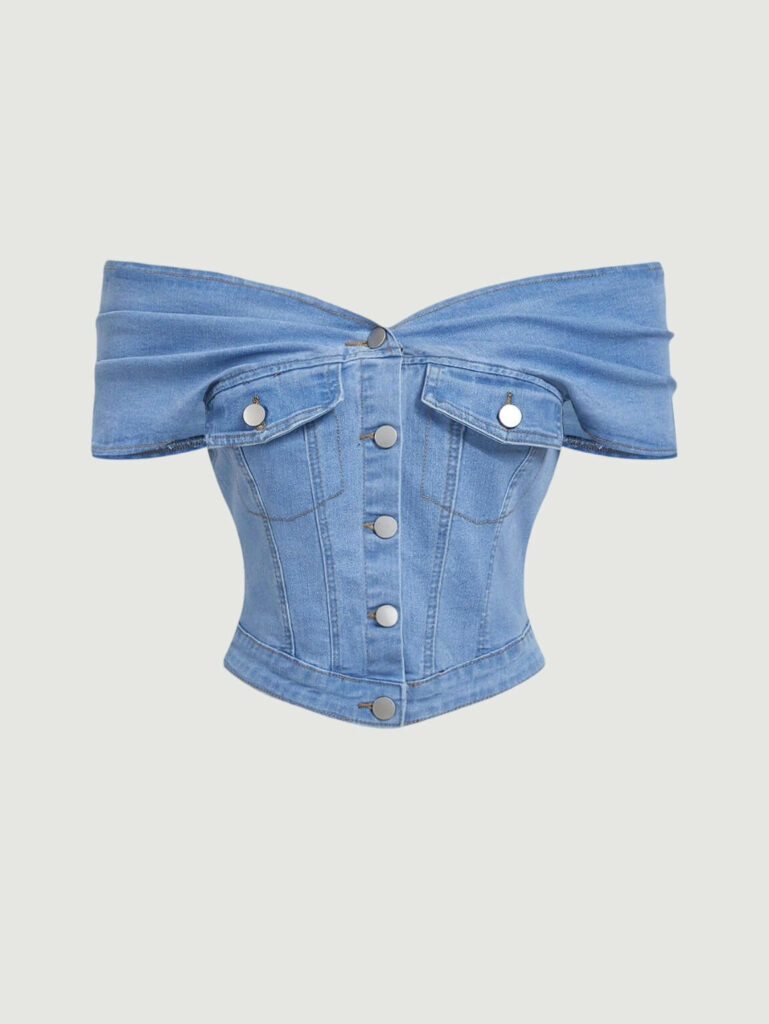 Women's Fashion Bowknot One Shoulder Single Breasted Slim Fit Denim Top