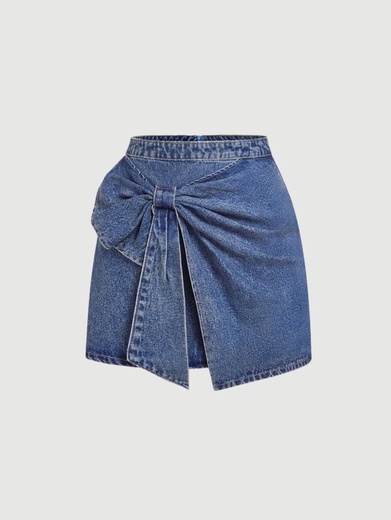 Women's High Waisted Big Bow Wrap Front Mini Bodycon Denim Skirts