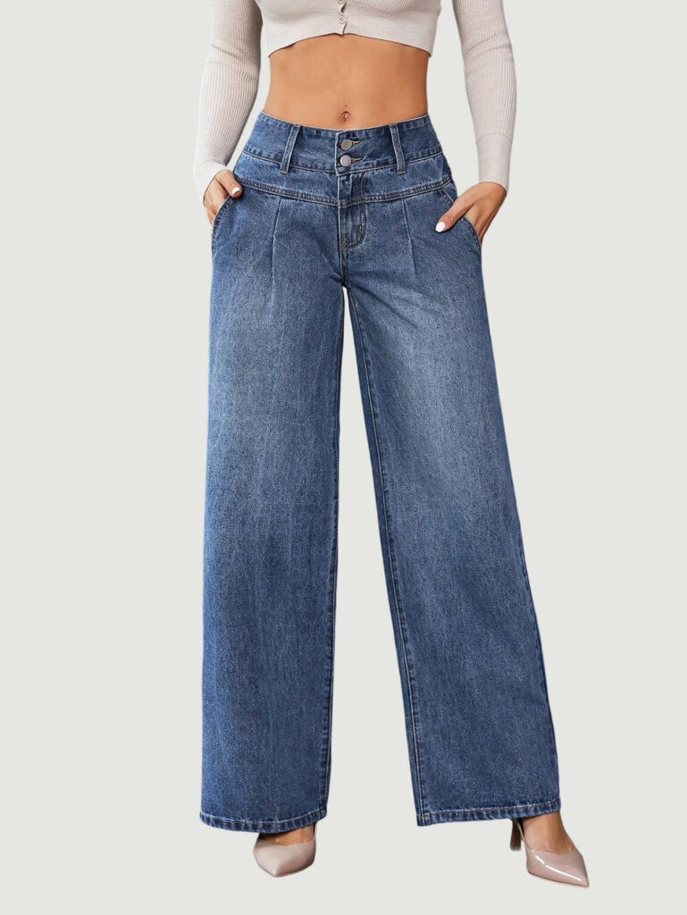 Women's Loose Casual Button Straight Leg Long Denim Jeans