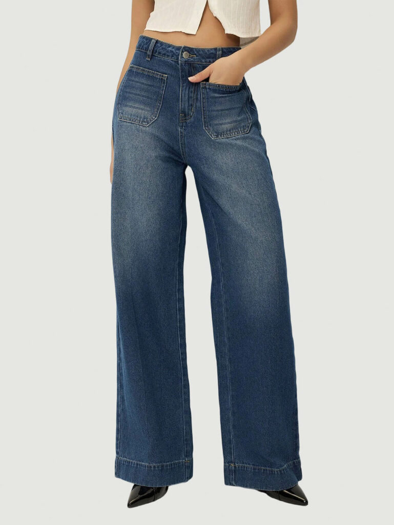 Women's Loose Straight Jeans with Double Pockets Baggy Denim
