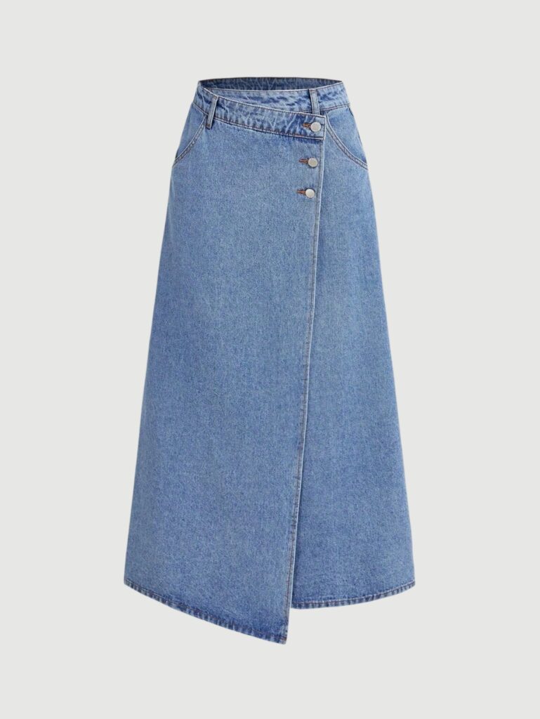 Women's Plain Asymmetrical High Waist A Line Denim Long Blue Skirt