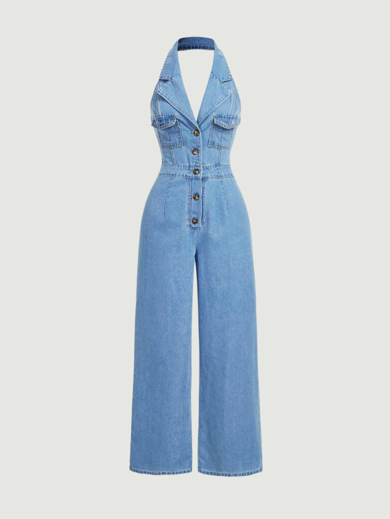 Women's Plain Denim Backless Jumpsuit With Sweet Halter Long Leg