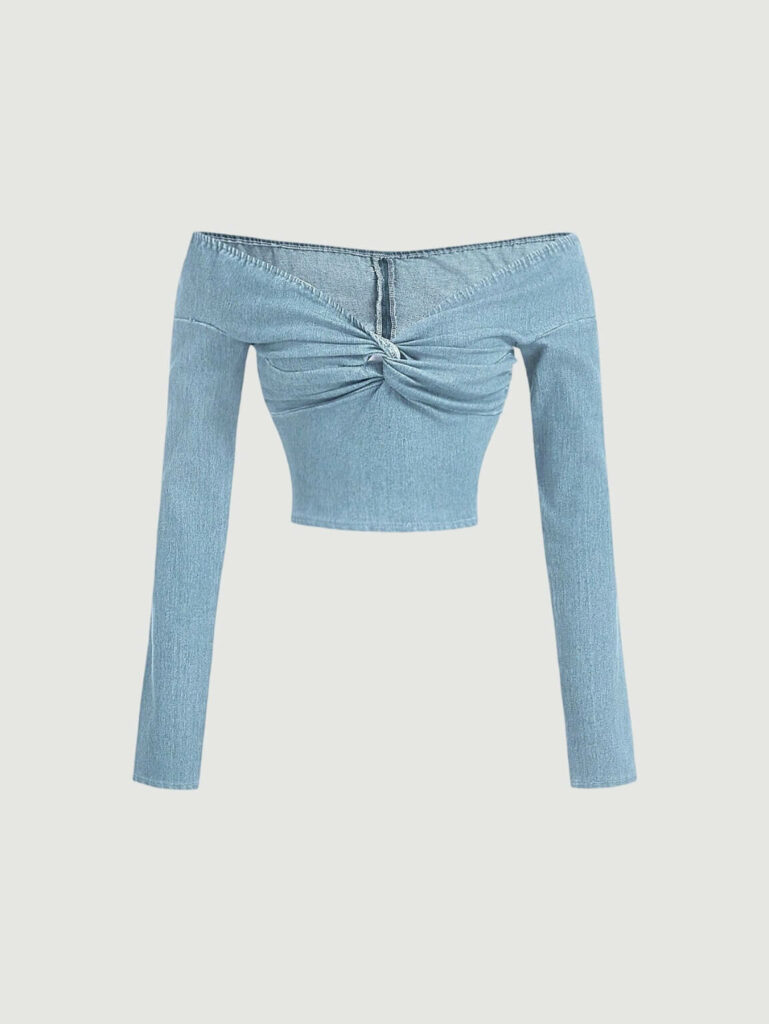 Women's Sexy Denim Long Sleeve Off Shoulder Elastic Denim Cropped Top