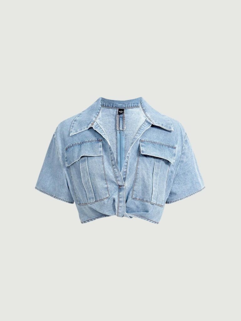 Women's Solid Color Denim Cropped Top Sexy V Neck Denim Pocket Short Sleeves