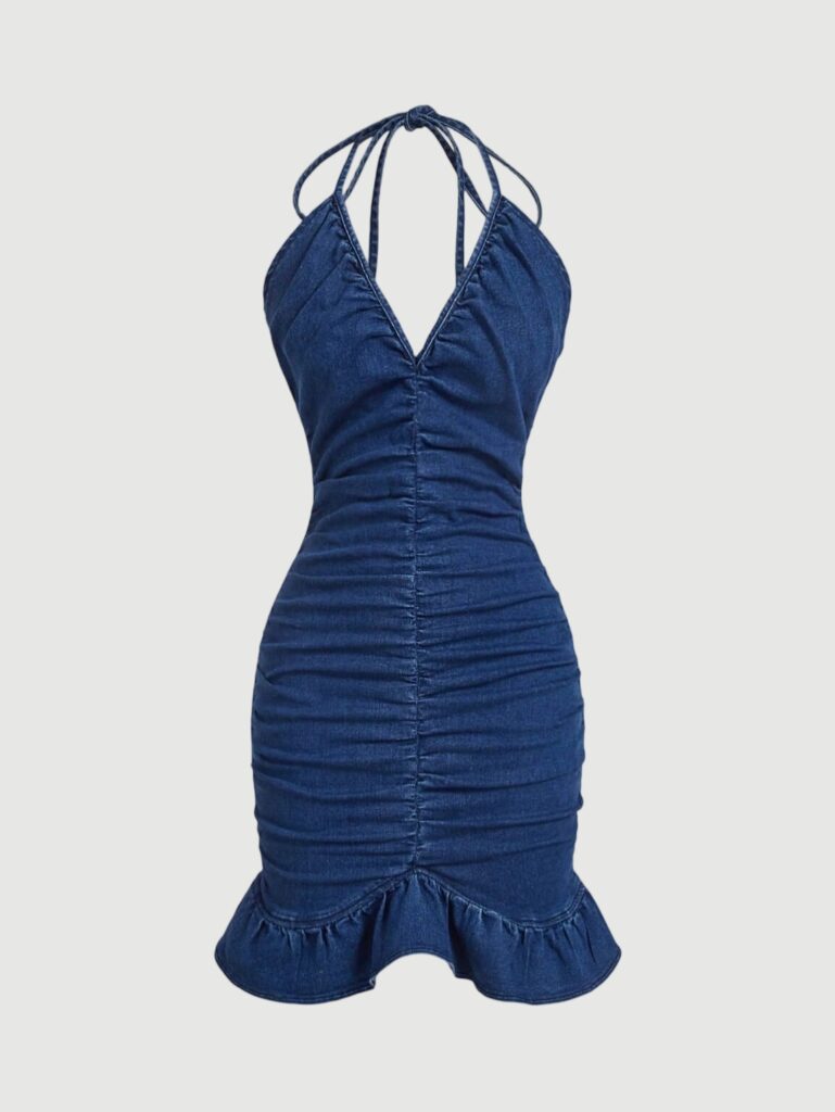 Women's Tie Back Halter Backless Ruched Denim Casual Mini Dress