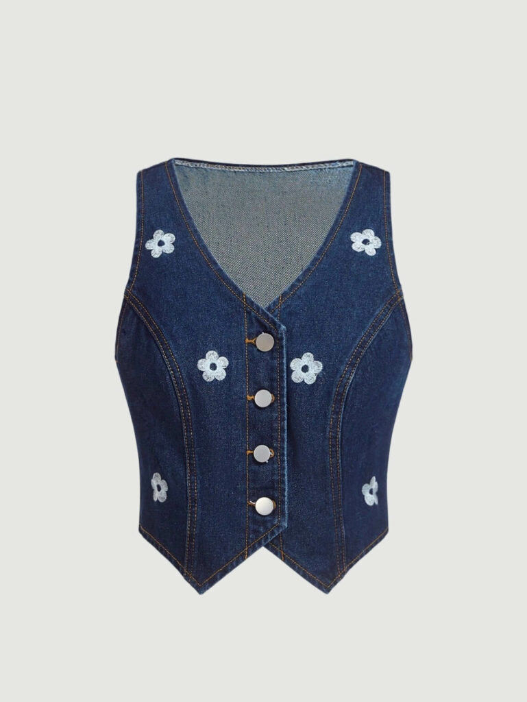 Women's V Neck Sleeveless Floral Embroidered Button Front Denim Vest Jacket