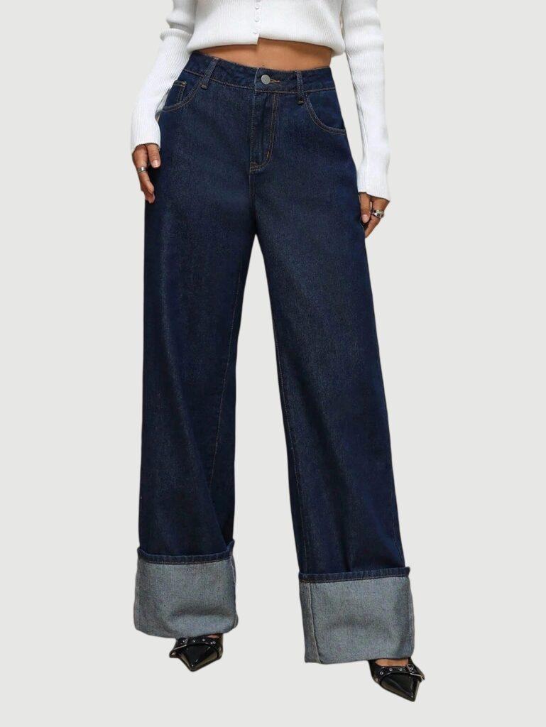 Women's Vintage Plain Denim Straight Leg Turn Up Hem Jeans