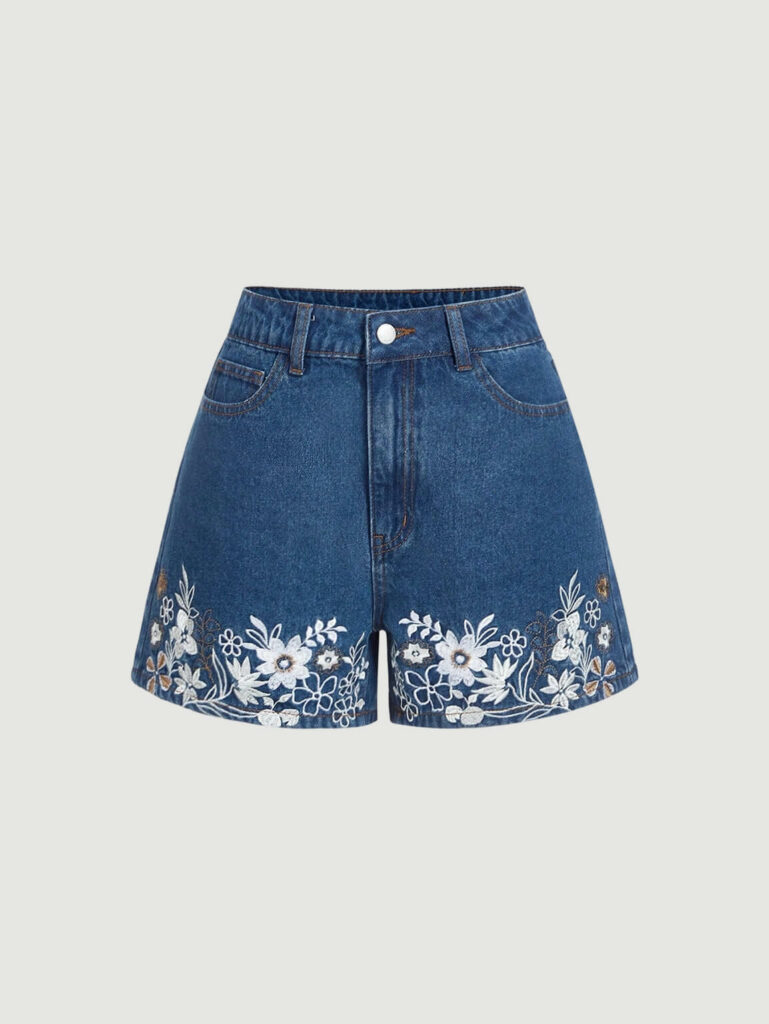 Women's Wide Leg Denim Shorts Casual Solid Color With Embroidery