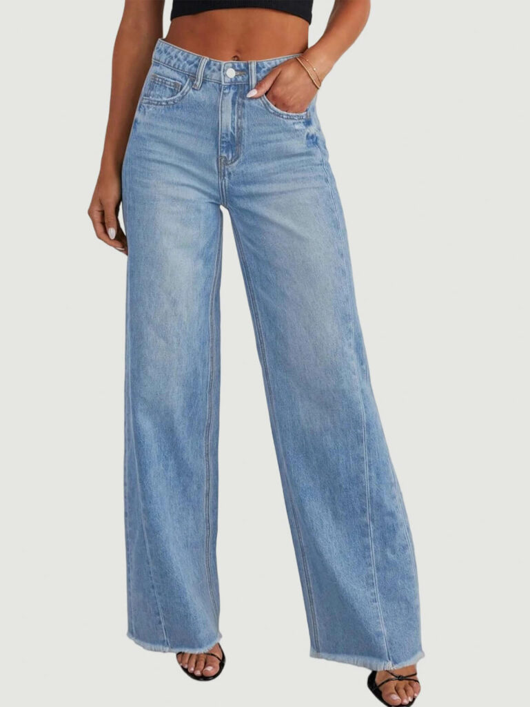 Women's Wide Leg Jeans High Waisted Stretch Raw Hem Denim Pants