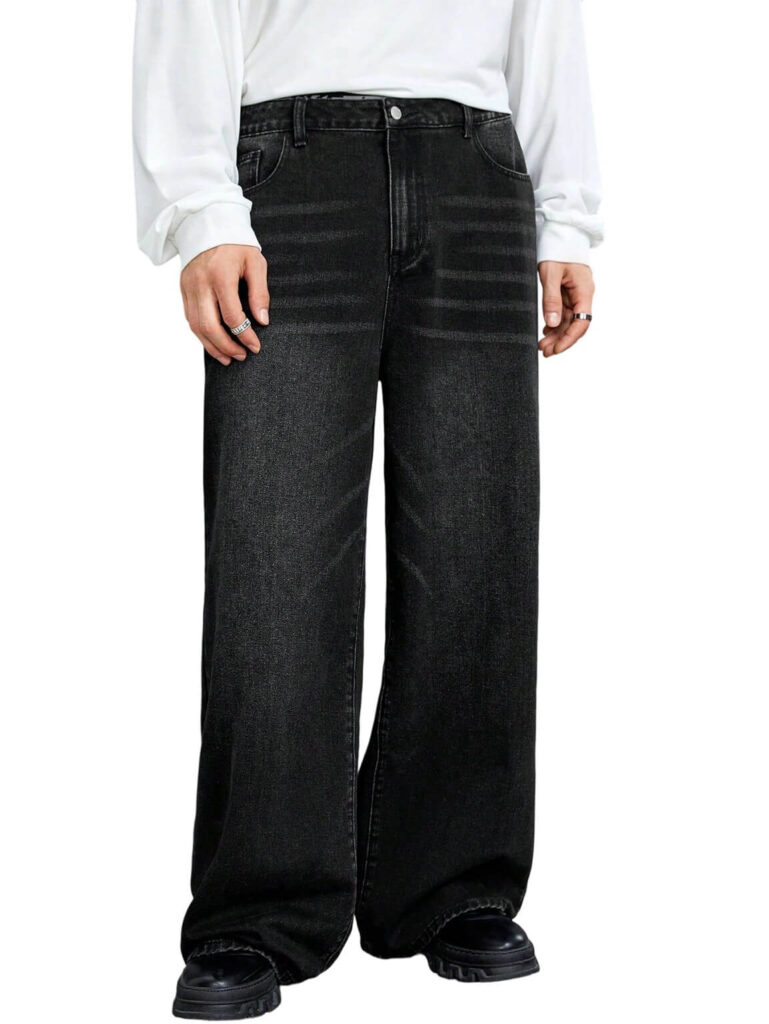 Men’s Casual Grey Wide Leg Denim Pants Mid Waist Loose Fit