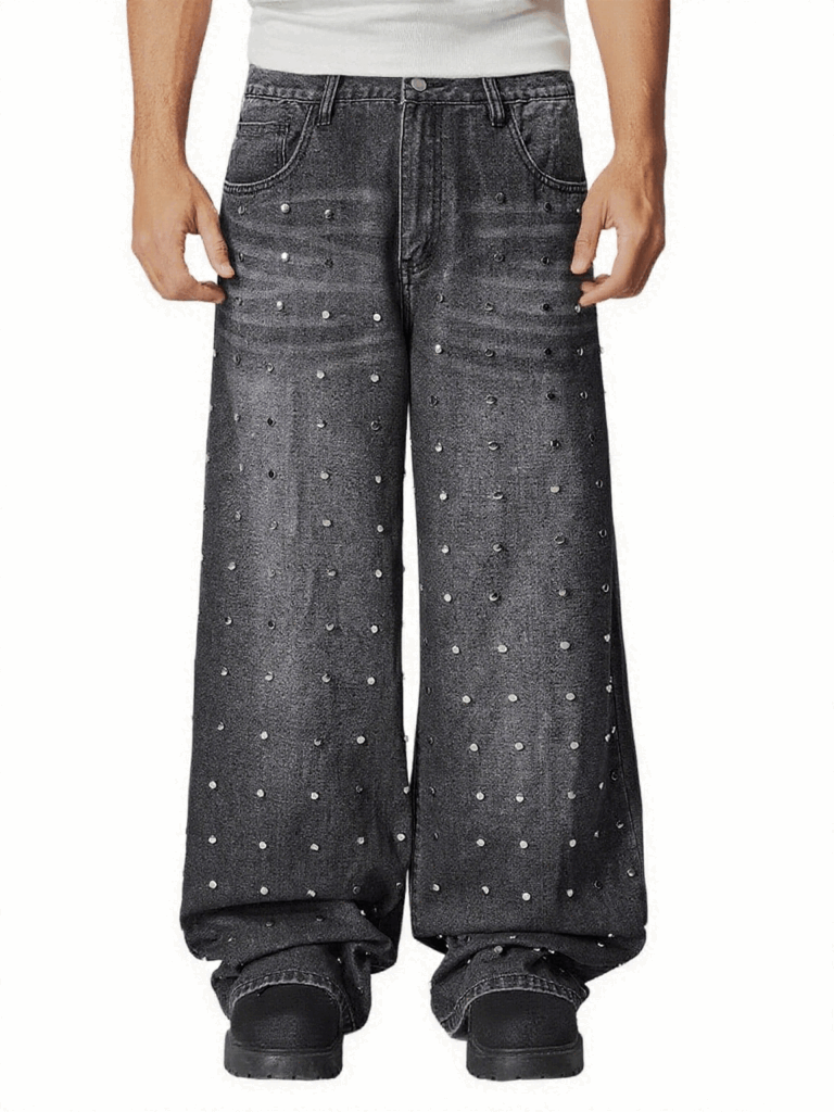 Men’s Punk Wide Leg Jeans with Stud Embellishments – Black Denim