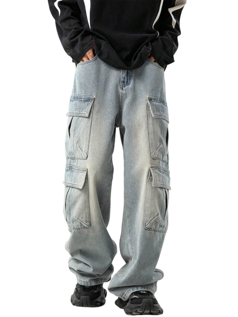 Men’s Baggy Cargo Jeans Y2K Hip Hop Streetwear Loose Fit Wide Leg Denim Pants