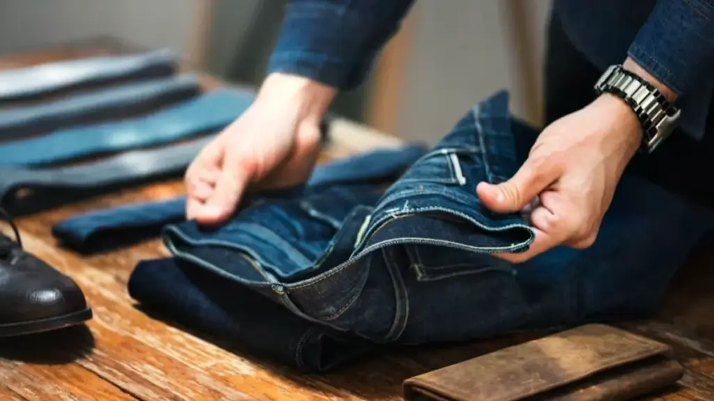 man folding jeans