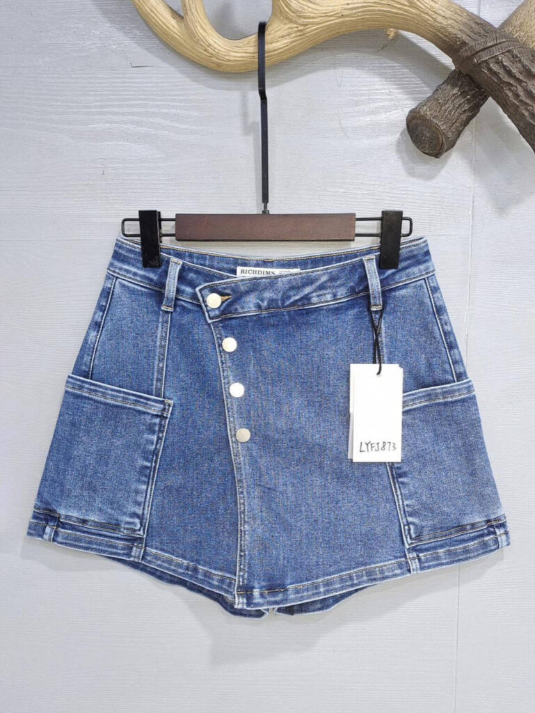 LYFJ873Women's High Waisted Blue Asymmetric Button Denim Mini Skirt