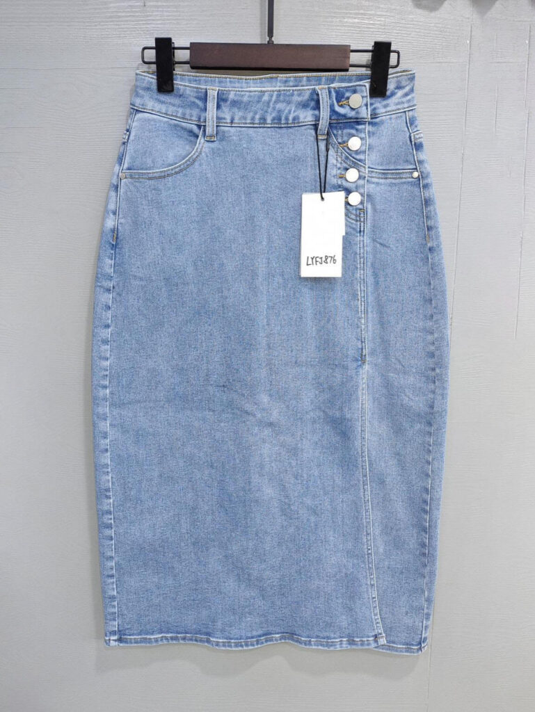 LYFJ876 Women's High Waisted Button Front Denim Midi Skirt