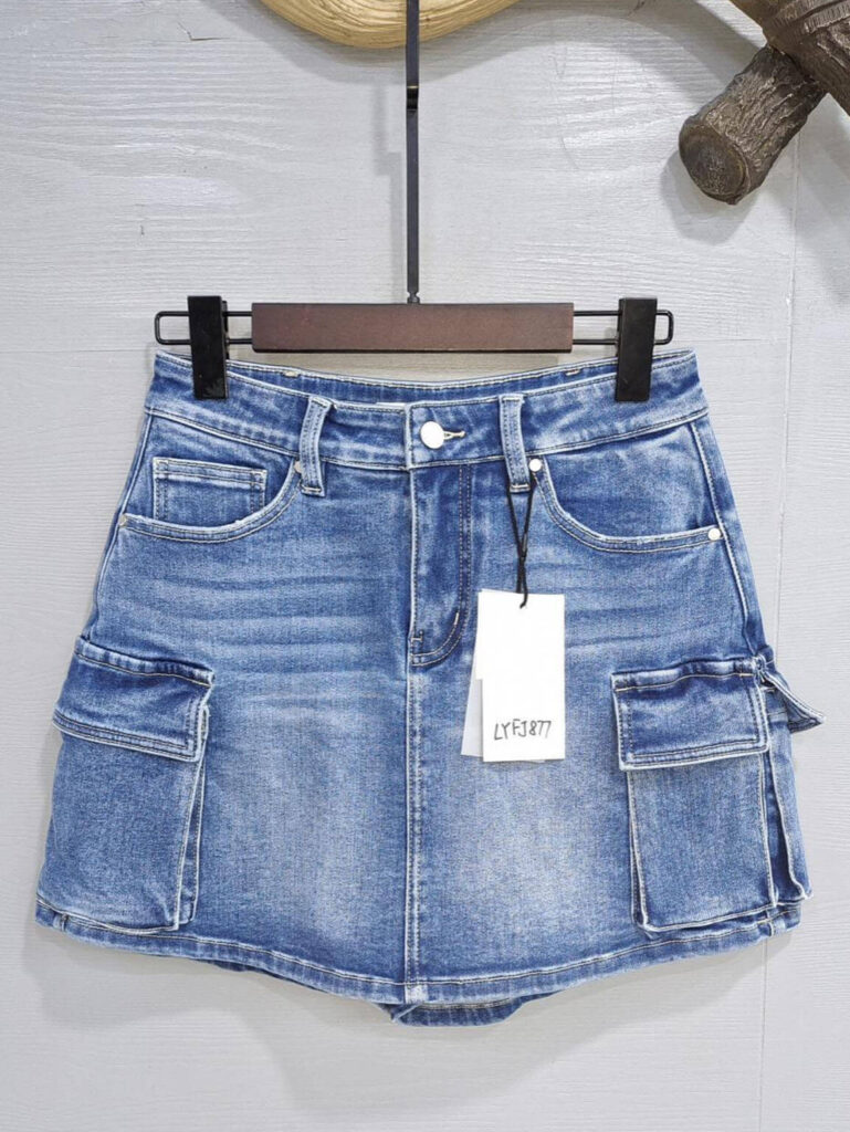 LYFJ913 Women's High Waisted Vintage Blue Denim Cargo Mini Skirt