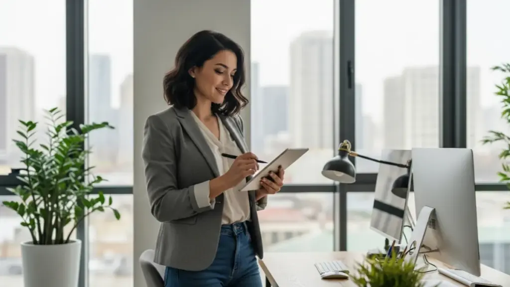 a woman in denim jeans is working