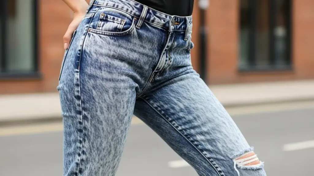 a woman in acid wash denim jean