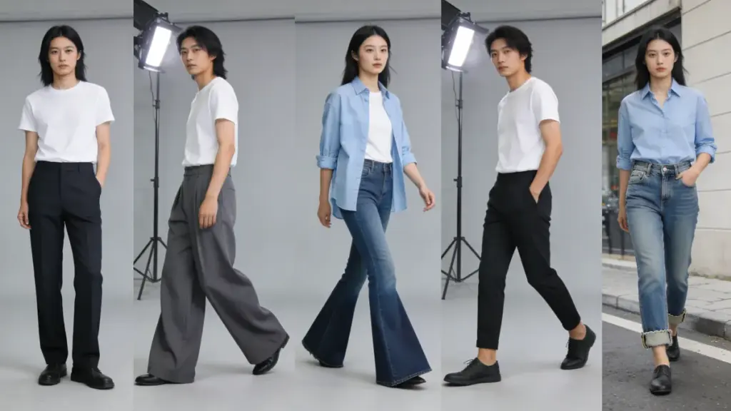 Models wearing straight, wide leg, corte de arranque, cónico, and mom jeans